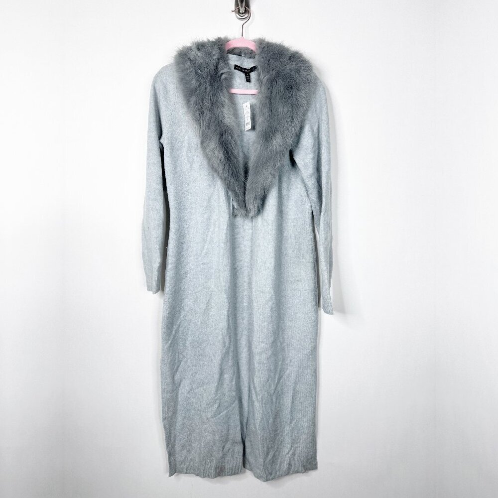 NWT White House Black Market Faux Fur Collar Duster Heather Smoked Pearl #A1651 - Picture 2 of 10